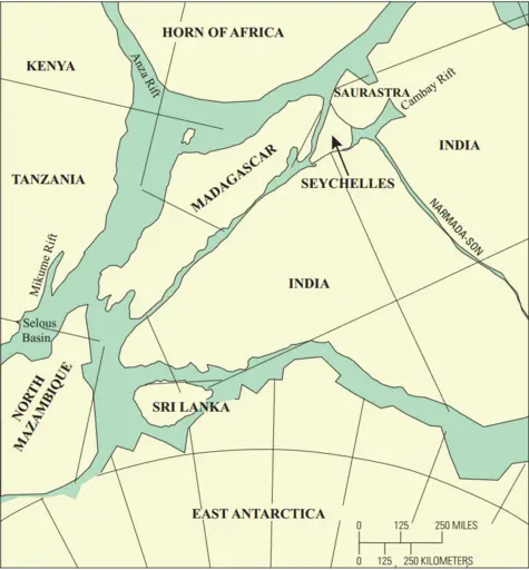 FIGURE 3.  A map representing the relative positions of Madagascar, East Africa, India, Antarctica, and some additional continental fragments, within the ancient continent of Gondwana; 200 million years ago, at the beginning of the Jurassic period.